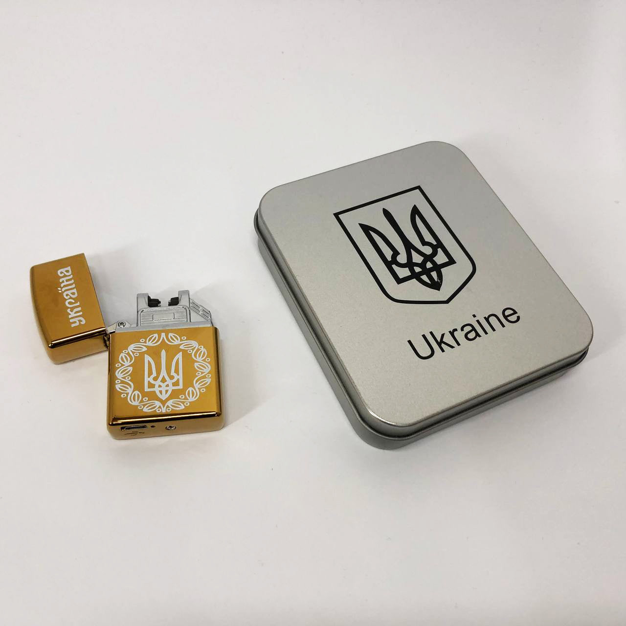 Дуговая электроимпульсная USB Юсб зажигалка Украина металлическая коробка HL-447. Цвет: золотой