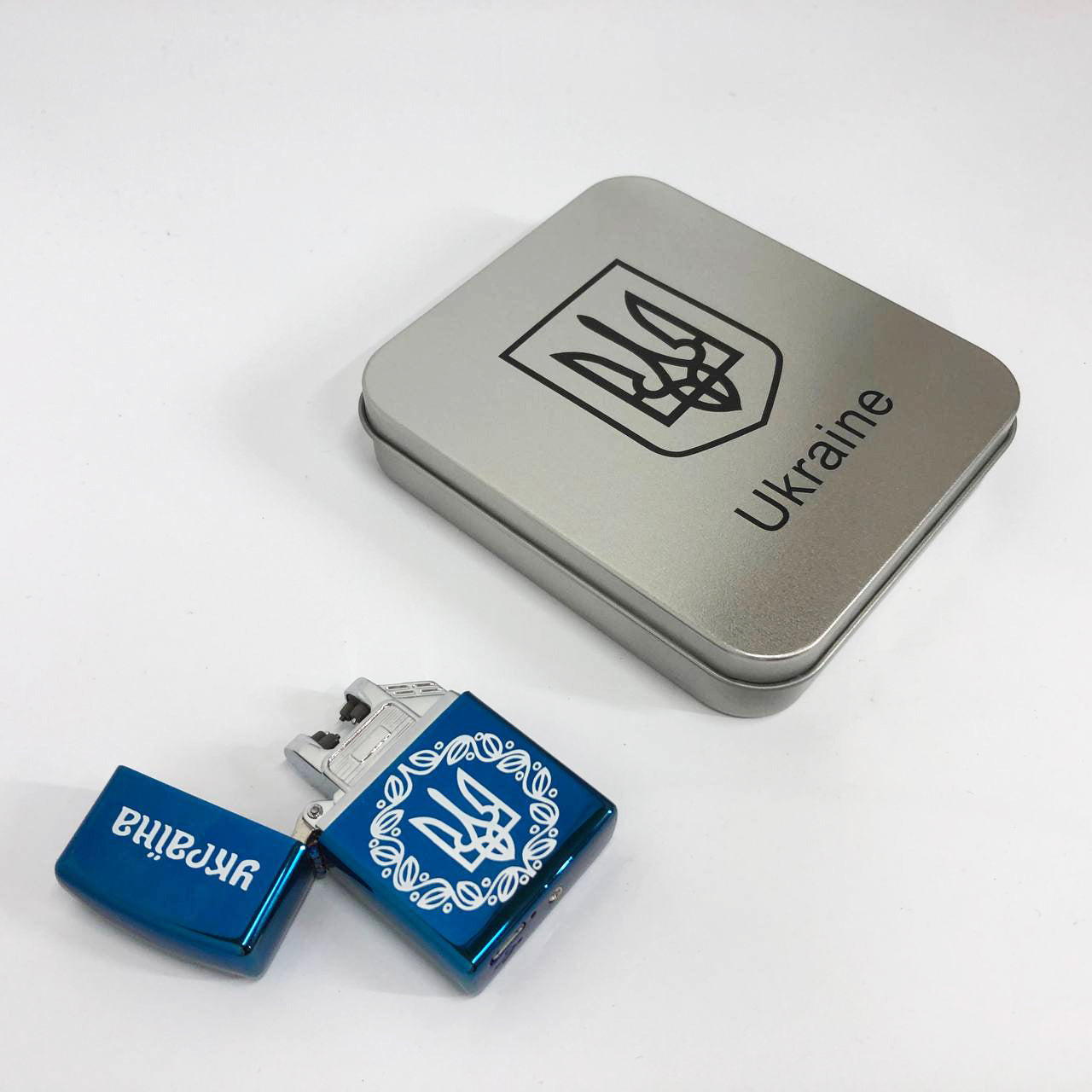 Дуговая электроимпульсная USB зажигалка Украина металлическая коробка HL-447. Цвет: синий