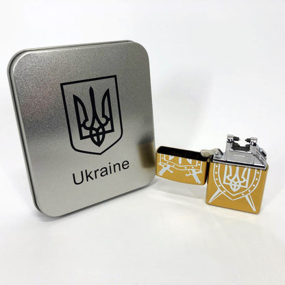 Дуговая электроимпульсная USB зажигалка Украина (металлическая коробка) HL-446. Цвет: золотой