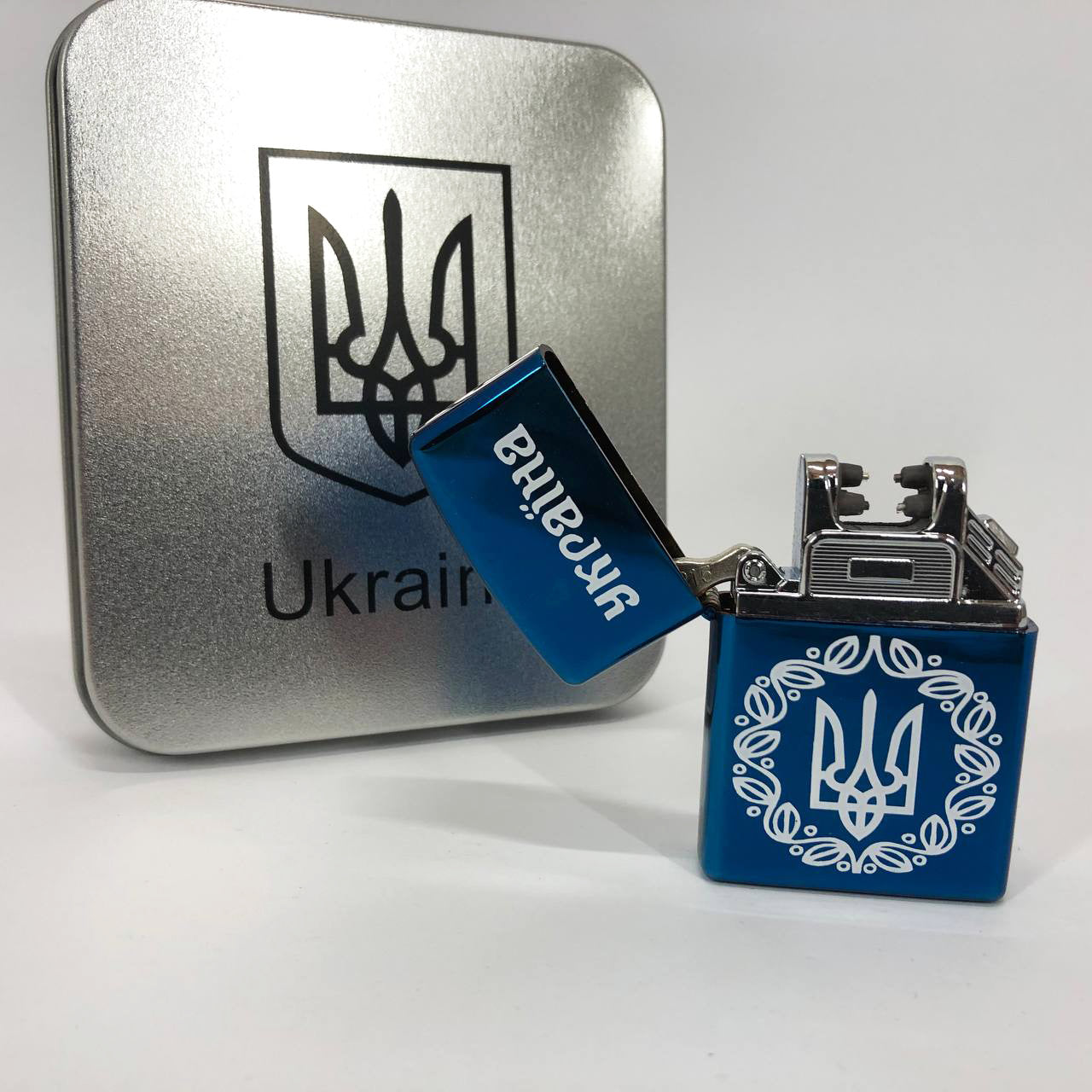Дуговая электроимпульсная USB зажигалка Украина металлическая коробка HL-447. Цвет: синий