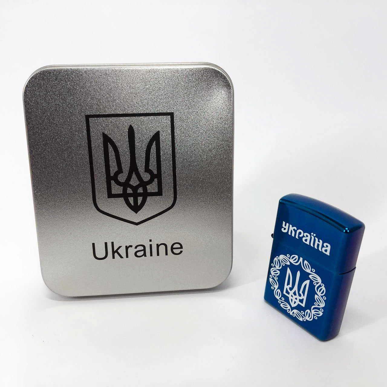 Дуговая электроимпульсная USB зажигалка Украина металлическая коробка HL-447. Цвет: синий