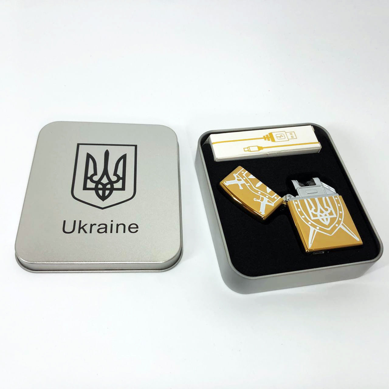 Дуговая электроимпульсная USB зажигалка Украина (металлическая коробка) HL-446. Цвет: золотой