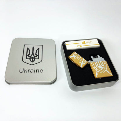 Дуговая электроимпульсная USB зажигалка Украина (металлическая коробка) HL-446. Цвет: золотой