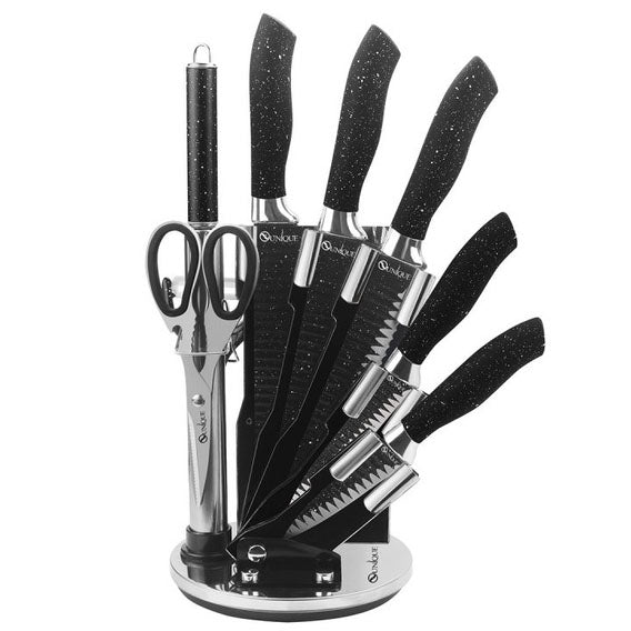 Набор ножей UNIQUE UN-1831, 9 предметов, с подставкой, нержавеющая сталь, с овощечисткой, черный