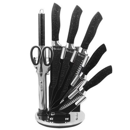 Набор ножей UNIQUE UN-1831, 9 предметов, с подставкой, нержавеющая сталь, с овощечисткой, черный