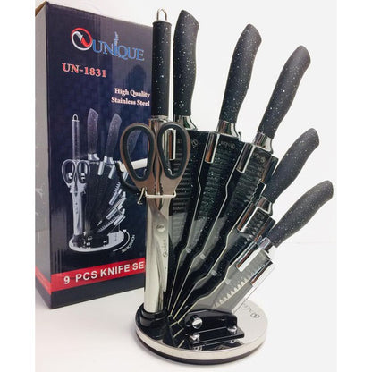 Набор ножей UNIQUE UN-1831, 9 предметов, с подставкой, нержавеющая сталь, с овощечисткой, черный