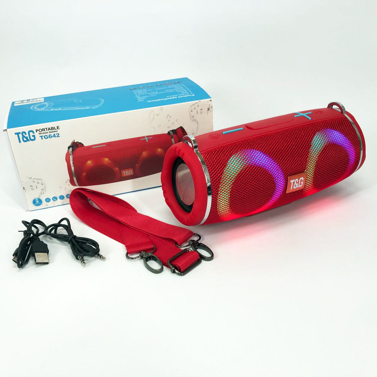 Портативная колонка TG642 с RGB подсветкой и ремешком, портативная блютус колонка. Цвет: красный