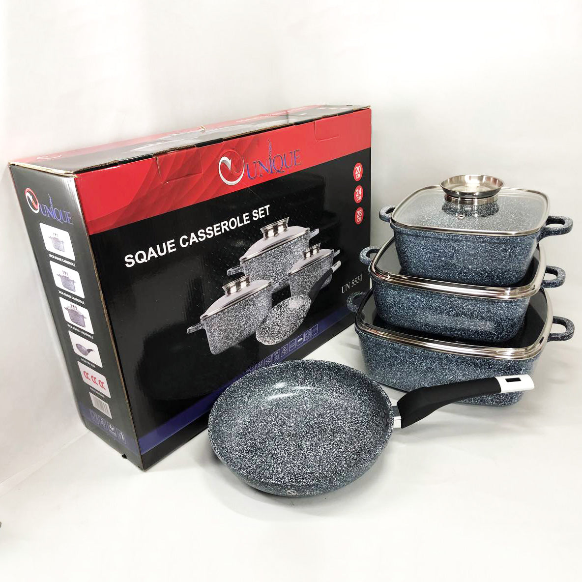 Набор казанов UNIQUE UN-5531 7 предметов, квадрат: 16 см, 20 см, 24 см, круглые 24 см сковорода