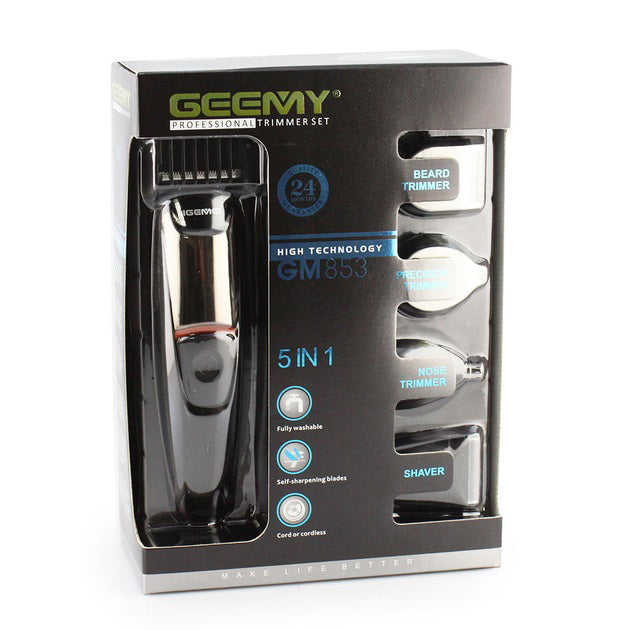 Машинка для стрижки 5в1 Geemy GM-853 стайлер, бритва, триммер на аккумуляторе нержавеющая сталь 6 насадок
