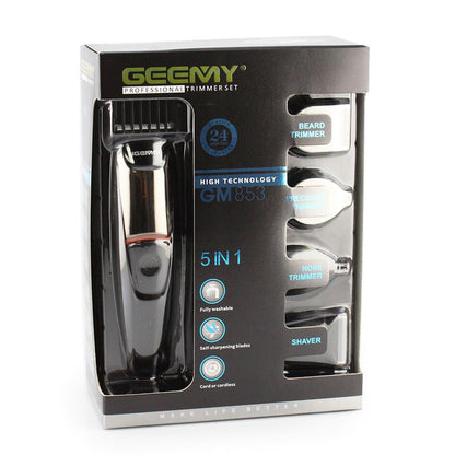 Машинка для стрижки 5в1 Geemy GM-853 стайлер, бритва, триммер на аккумуляторе нержавеющая сталь 6 насадок