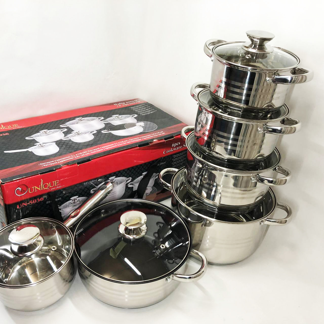 Набор посуды UNIQUE UN-5036 из нержавеющей стали с толстым 5-ти слойным дном с крышками стеклянными 12 предметов
