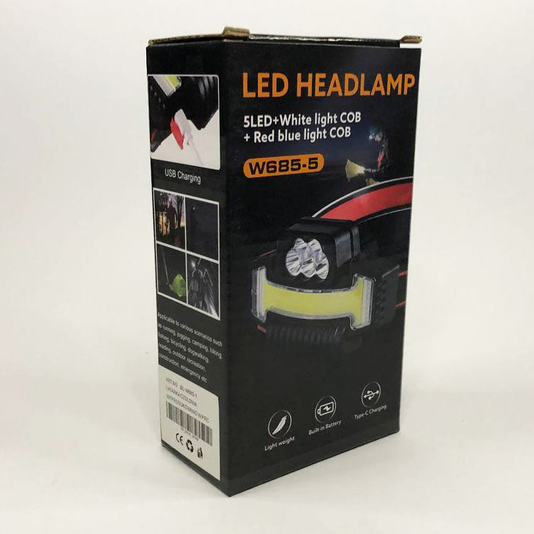 Налобный фонарик Bailong BL-W685-LTS+COB+RGB, 5 режимов, водостойкий, ударостойкий, USB кабель Type-c