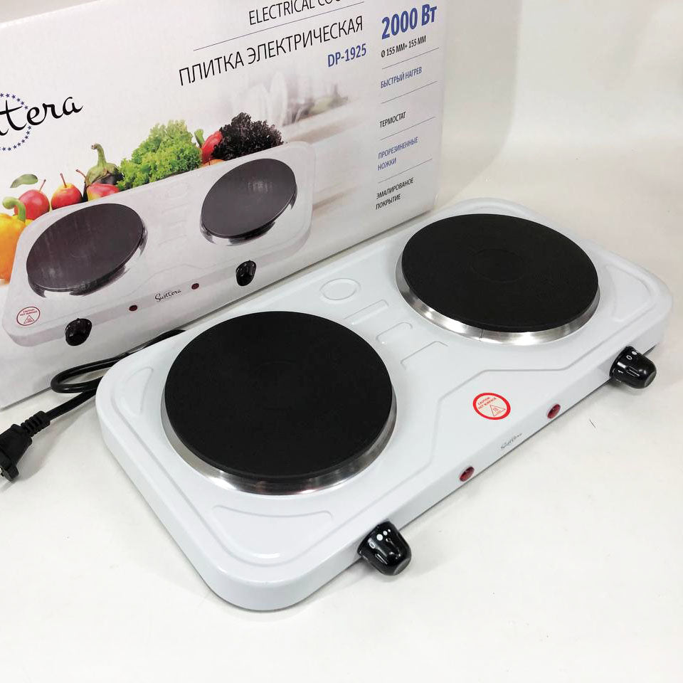 Плита электрическая Suntera DP-1925 2000 Вт, электроплита двухконфорочная настольная. Цвет: белый
