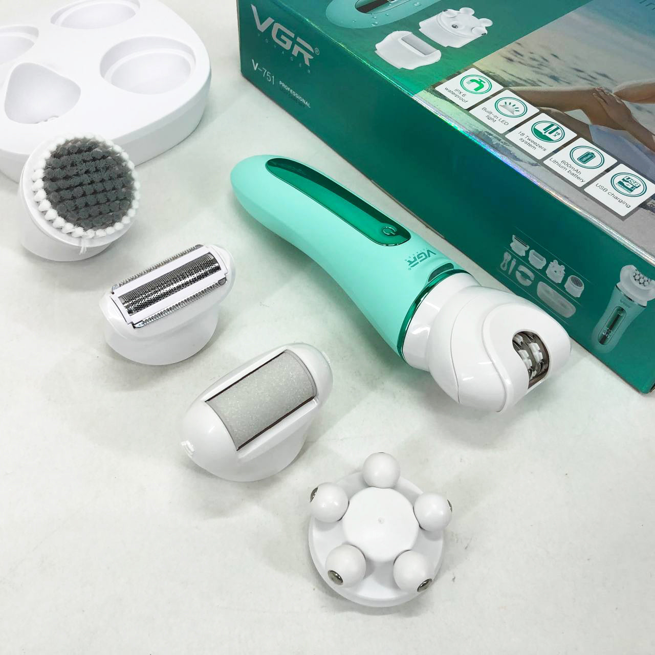 Эпилятор VGR 5 в 1 V-751, 5 насадок. Цвет: зеленый