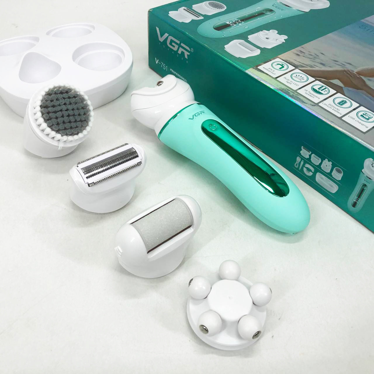 Эпилятор VGR 5 в 1 V-751, 5 насадок. Цвет: зеленый