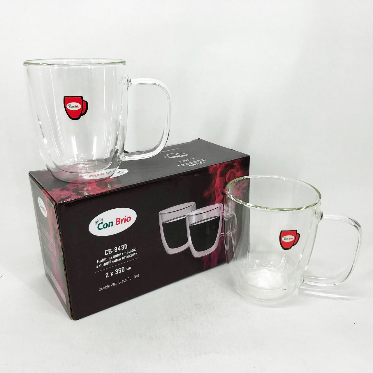 Набір скляних чашок із подвійними стінками з вушками Con Brio СВ-8435-2, 2шт, 350мл, з подвійним дном