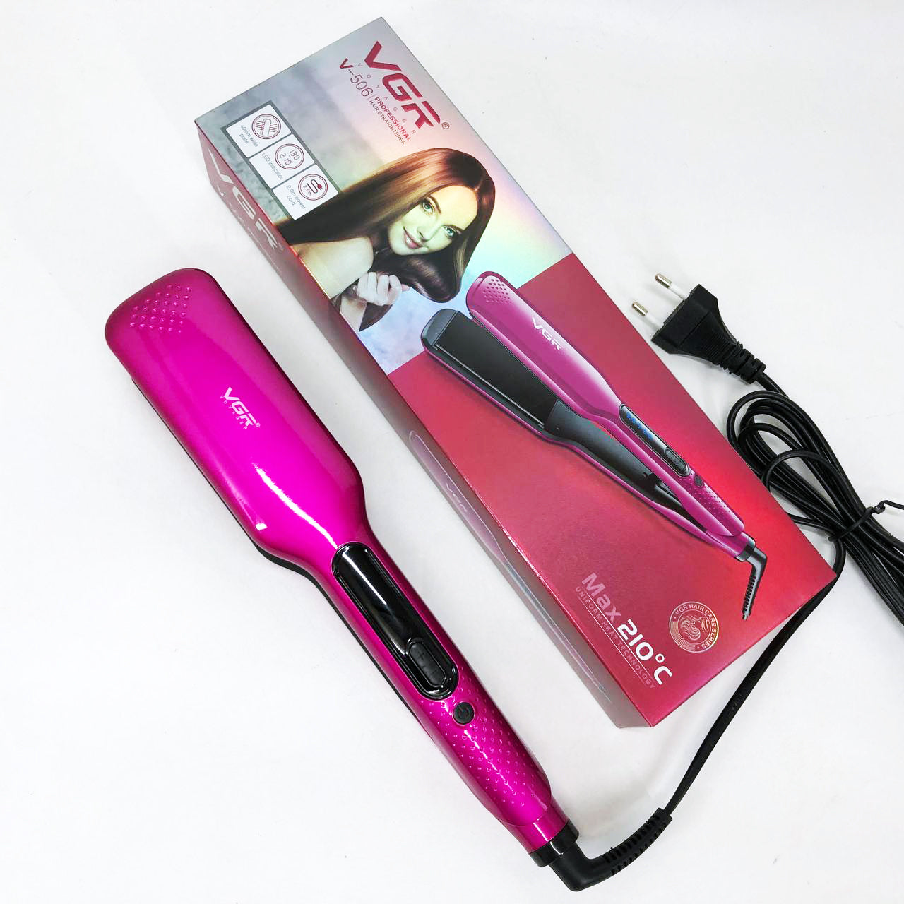 Широкий утюжок для выпрямления волос VGR V-506 мощностью 55 Вт с LED дисплеем 130-210 градусов розовый