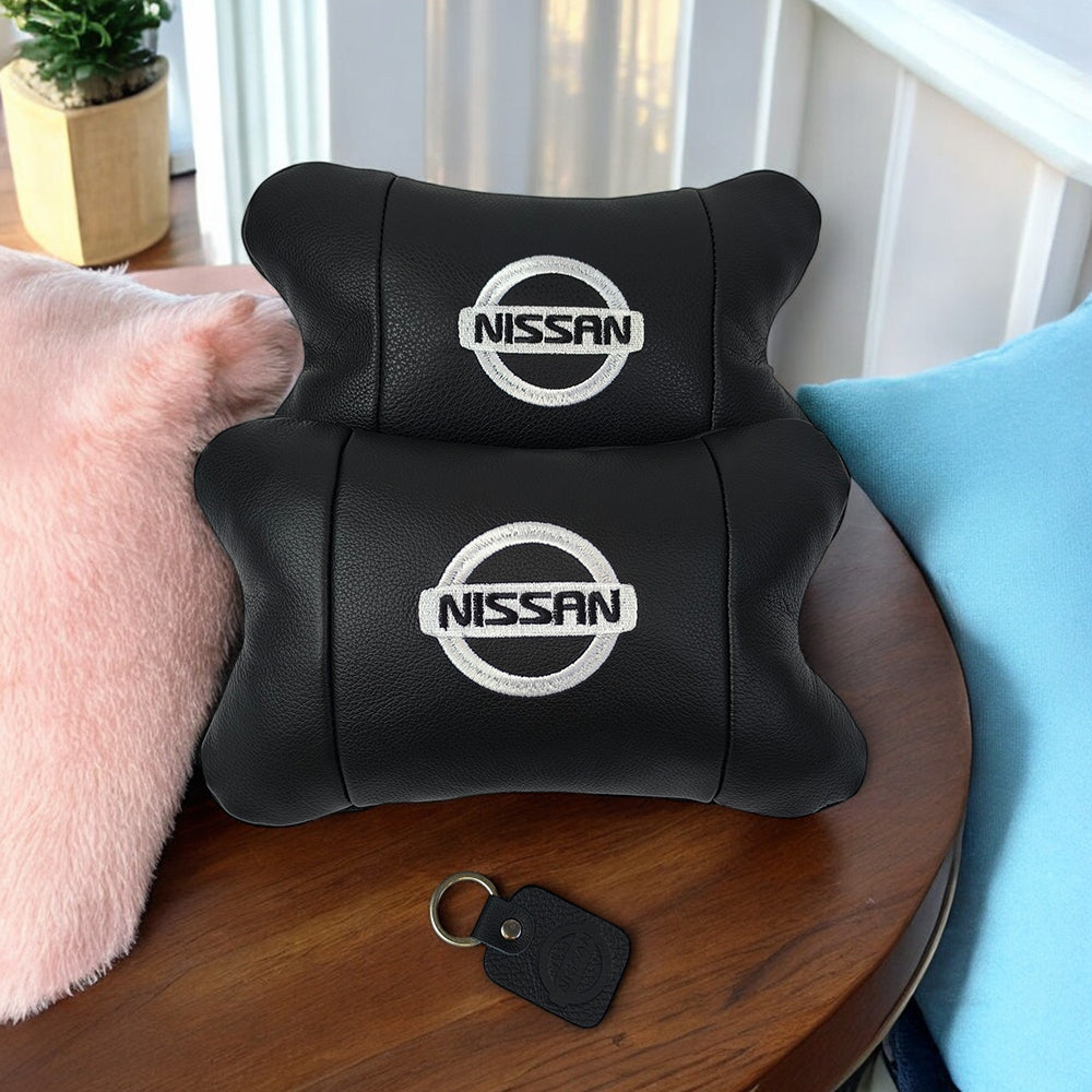 Подушки в авто 2 шт Nissan, натуральная кожа, с логотипом Ниссан, на подголовник для вашей машины