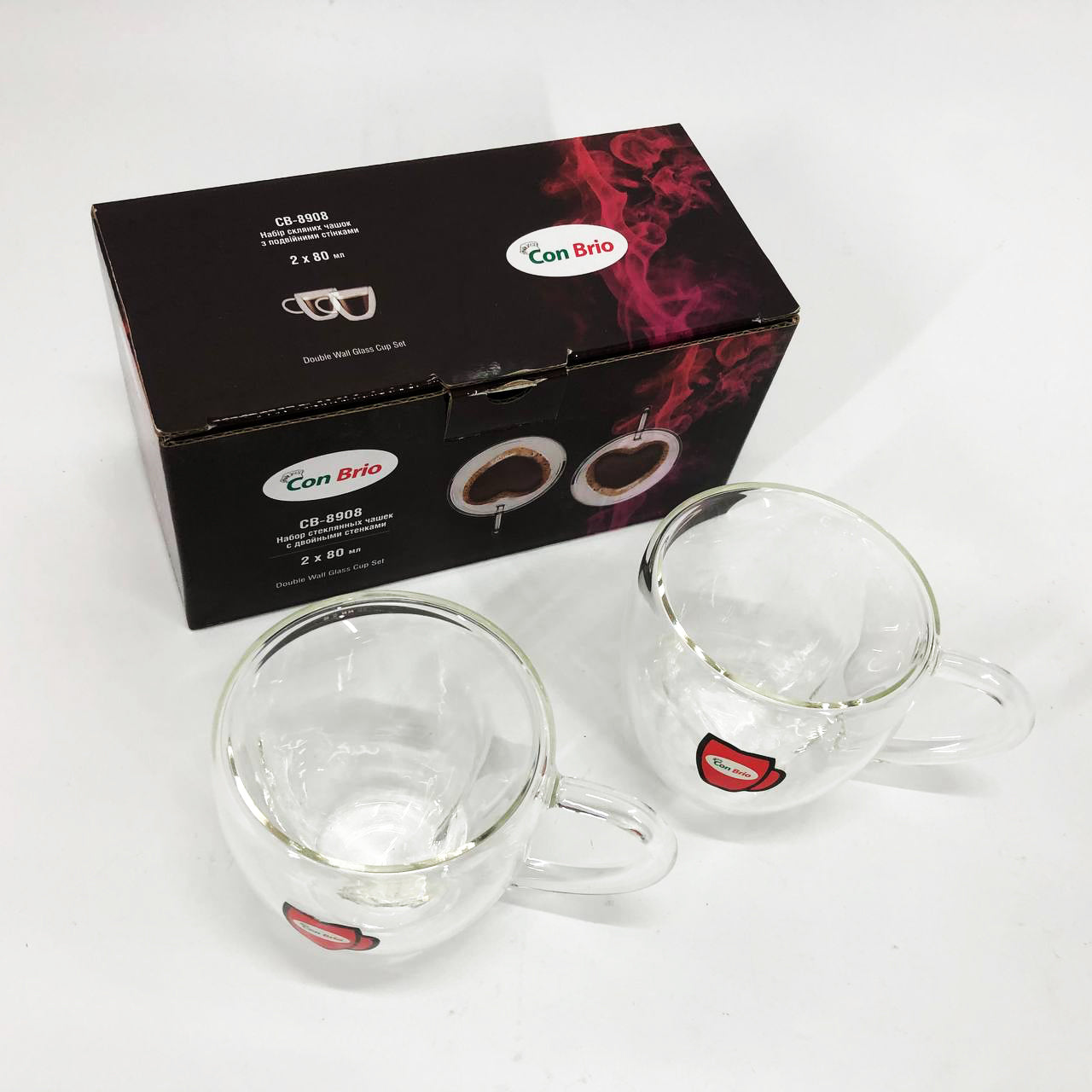 Набір скляних чашок із подвійними стінками (серце) Con Brio СВ-8908-2, 2шт, 80мл
