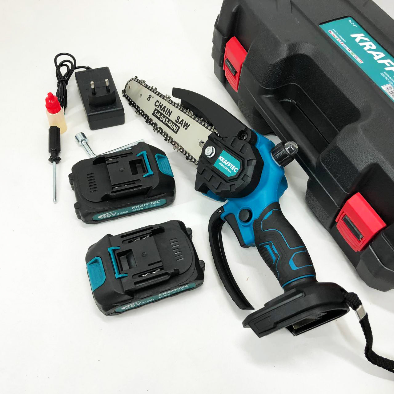 Аккумуляторная цепная мини пила 20 см в кейсе Krafftec (36V 4 Ач) + 2 аккумулятор и индикатором заряда