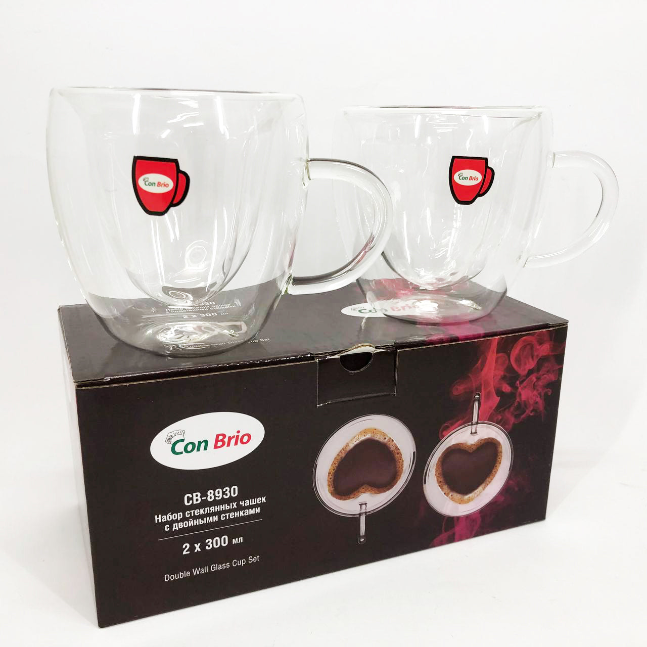Набір скляних чашок із подвійними стінками (серце) Con Brio СВ-8930-2, 2шт, 300мл