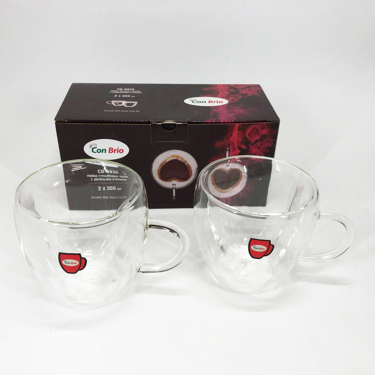 Набір скляних чашок із подвійними стінками (серце) Con Brio СВ-8930-2, 2шт, 300мл