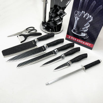 Набор ножей UNIQUE UN-1831, 9 предметов, с подставкой, нержавеющая сталь, с овощечисткой, черный