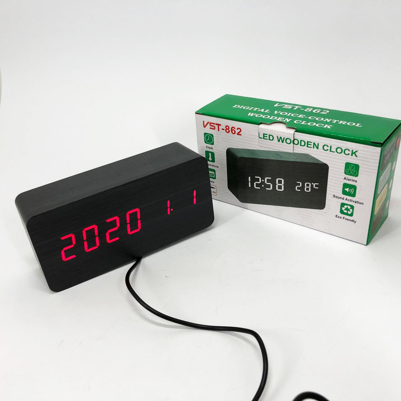 Часы VST-862 черное дерево красная подсветка, Цифровые настольные часы квадратные