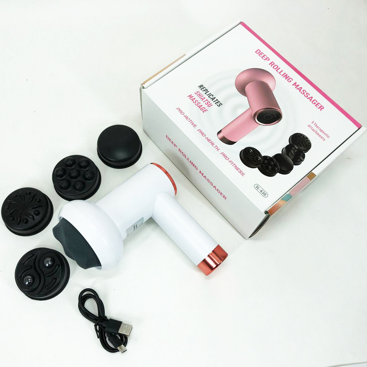 Массажер антицеллюлитный для тела рук и ног 4 насадки 6 скоростей Deep Rolling Massager. Цвет: белый