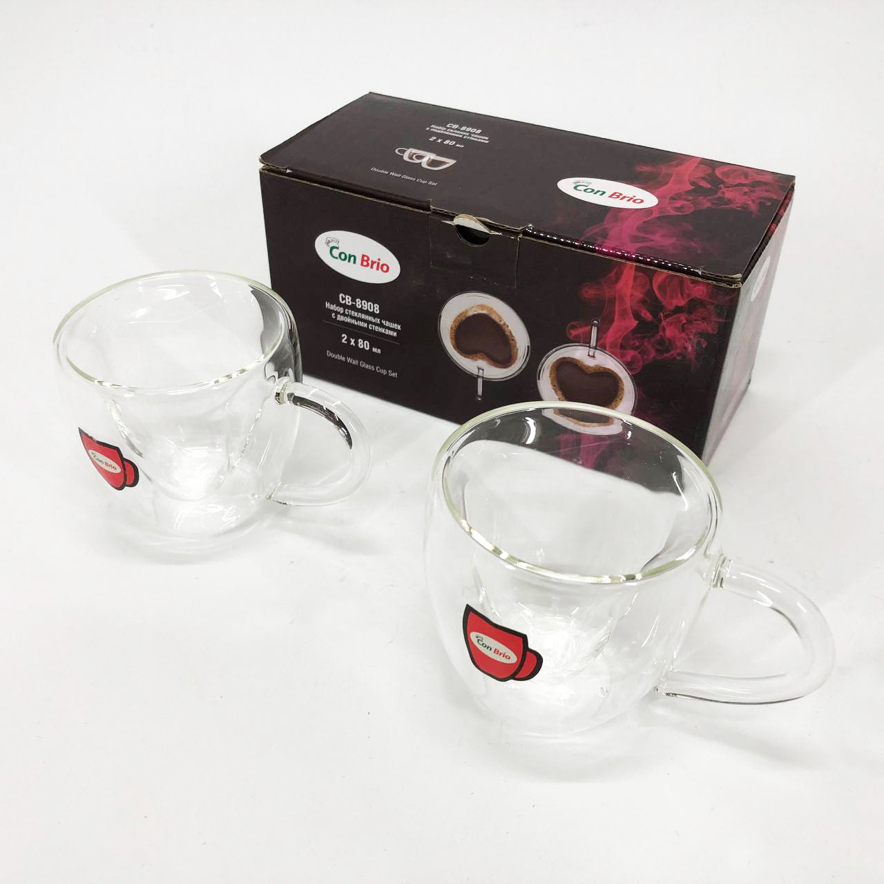 Набір скляних чашок із подвійними стінками (серце) Con Brio СВ-8908-2, 2шт, 80мл