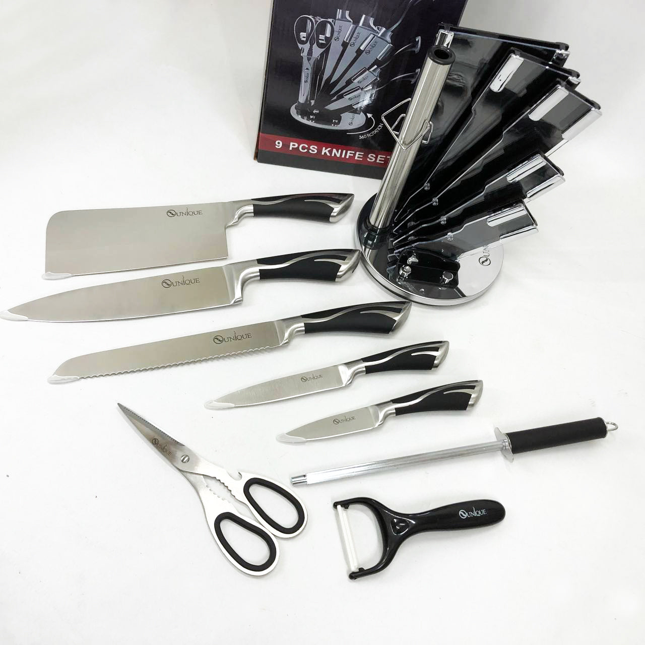 Набор ножей UNIQUE UN-1834 с вращающейся подставкой 9 предметов, Ножи кухонные из нержавеющей стали