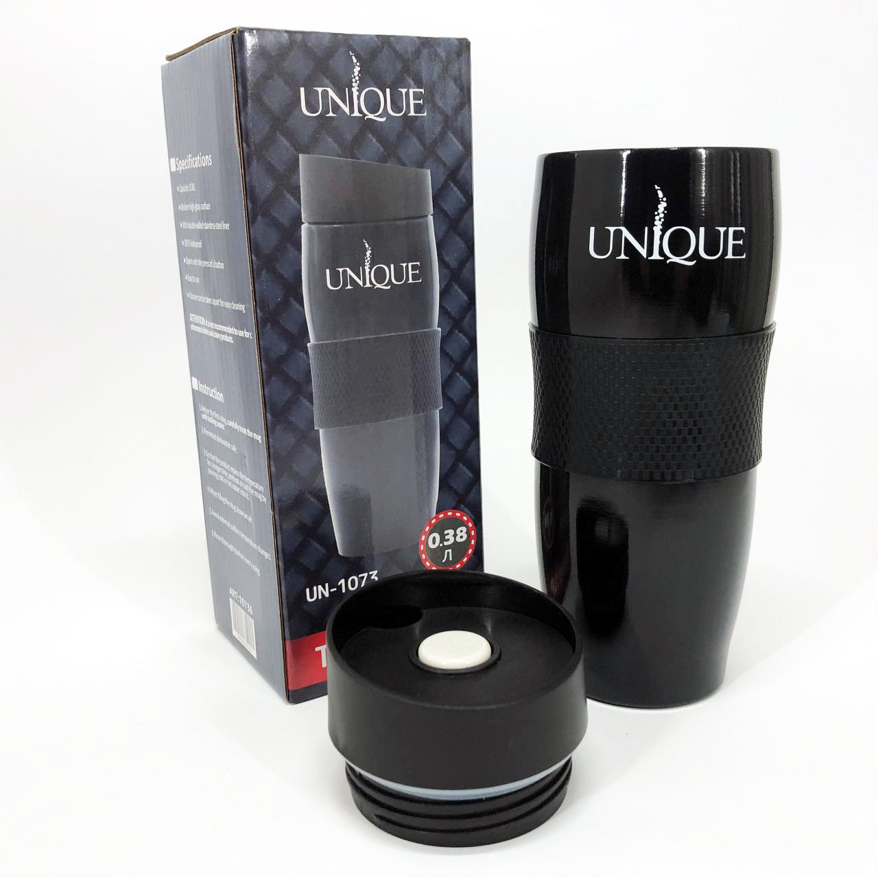 Термокружка UNIQUE UN-1073 0.38 л, Термос для питьевой воды туристический. Цвет: черный