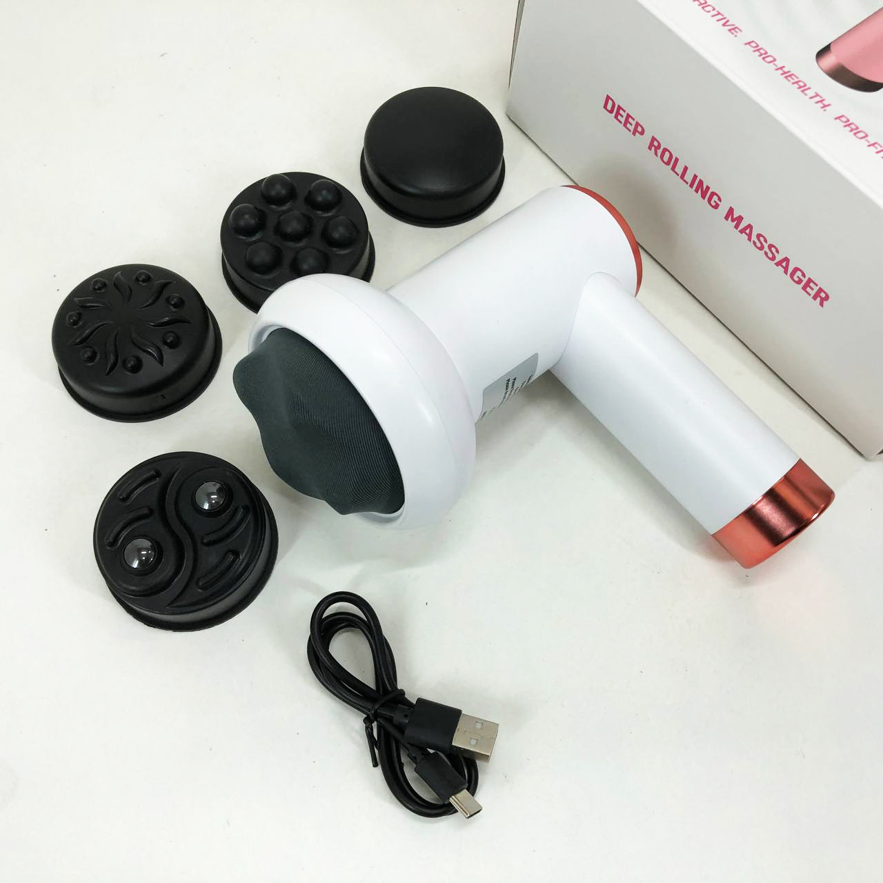 Массажер антицеллюлитный для тела рук и ног 4 насадки 6 скоростей Deep Rolling Massager. Цвет: белый