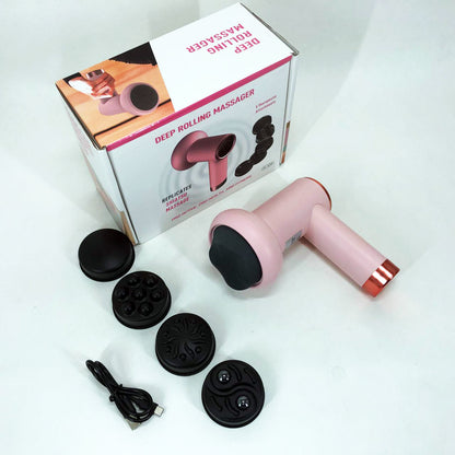 Массажер антицеллюлитный для тела рук и ног 4 насадки 6 скоростей Deep Rolling Massager. Цвет: розовый