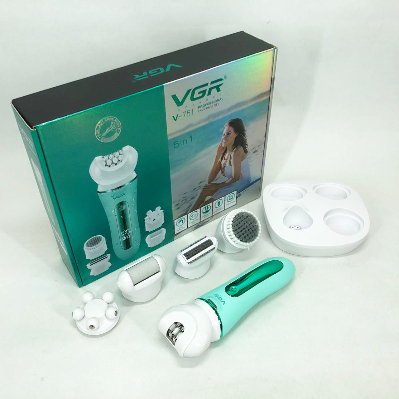 Эпилятор VGR 5 в 1 V-751, 5 насадок. Цвет: зеленый