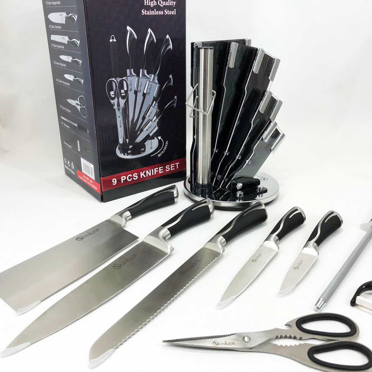 Набор ножей UNIQUE UN-1834 с вращающейся подставкой 9 предметов, Ножи кухонные из нержавеющей стали