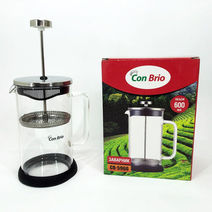 Френч-пресс Con Brio СВ-5960 600 мл, Стильный чайник для заварки, Стильный стеклянный заварочный чайник