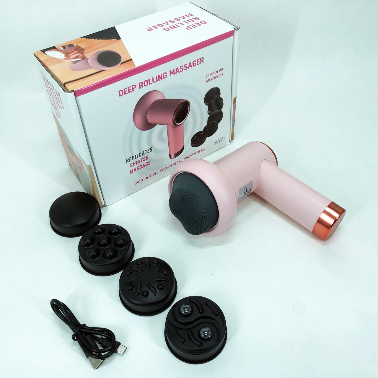 Массажер антицеллюлитный для тела рук и ног 4 насадки 6 скоростей Deep Rolling Massager. Цвет: розовый