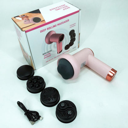 Массажер антицеллюлитный для тела рук и ног 4 насадки 6 скоростей Deep Rolling Massager. Цвет: розовый