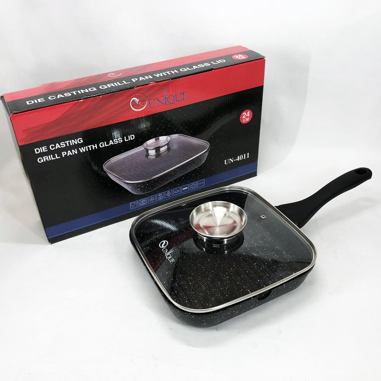 Сковорода-гриль Unique UN-4011 с крышкой 24 см, Сковорода для приготовления на плите с толстым дном