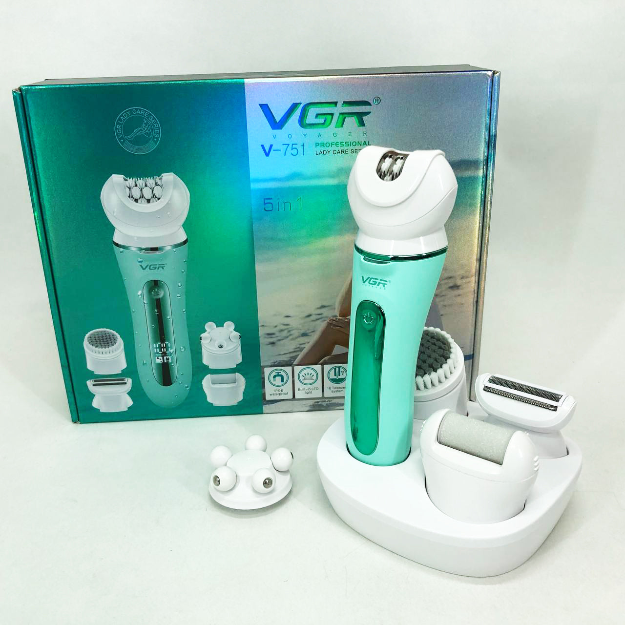 Эпилятор VGR 5 в 1 V-751, 5 насадок. Цвет: зеленый
