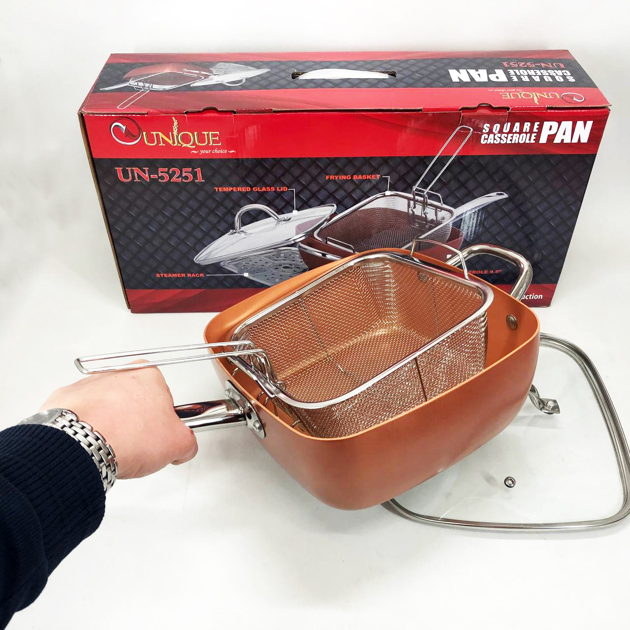 Сковорода-фритюрница UNIQUE UN-5251 квадратная антипригарная с пароваркой и кастрюлей + стеклянная крышка 24 см