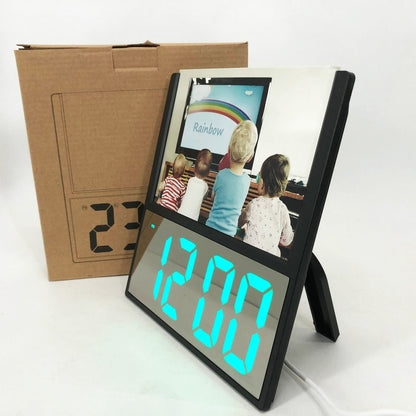 Электронные проводные настольные цифровые часы DS-6608 с фоторамкой, зелёная подсветка. Цвет: черный