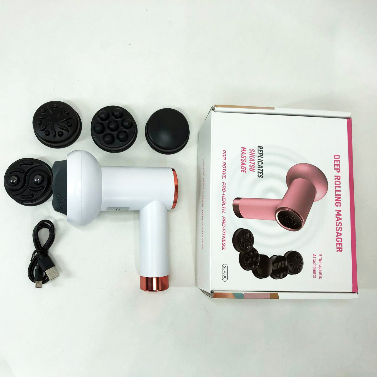 Массажер антицеллюлитный для тела рук и ног 4 насадки 6 скоростей Deep Rolling Massager. Цвет: белый