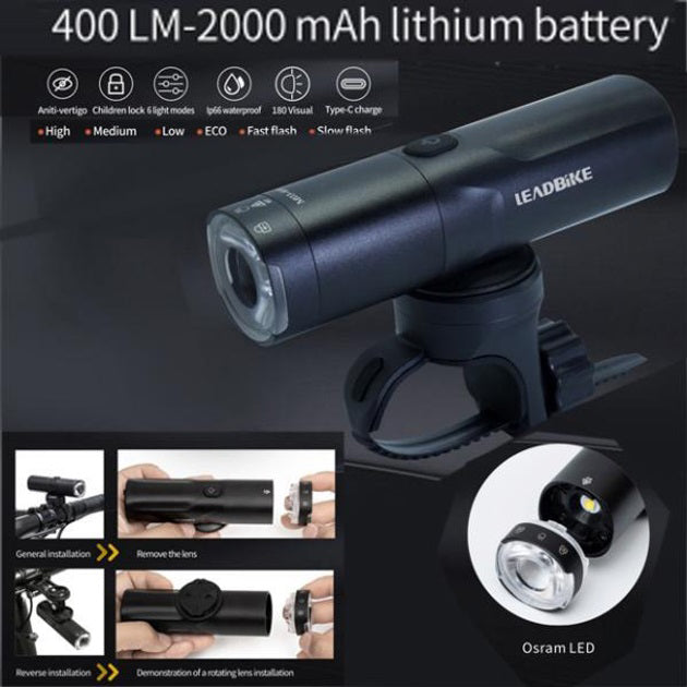 Велофара мощная LEADBIKE M03-OSRAM 400LM, Оптика велосипедная, Освещение для велосипеда, Передний фонарь