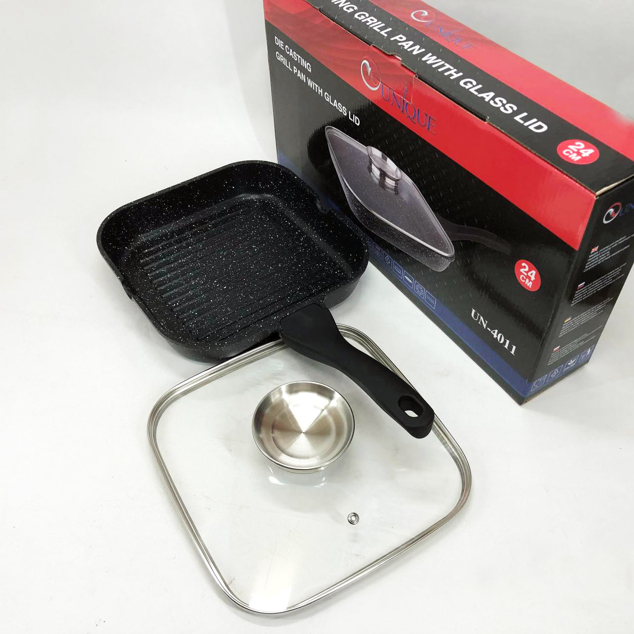 Сковорода-гриль Unique UN-4011 с крышкой 24 см, Сковорода для приготовления на плите с толстым дном