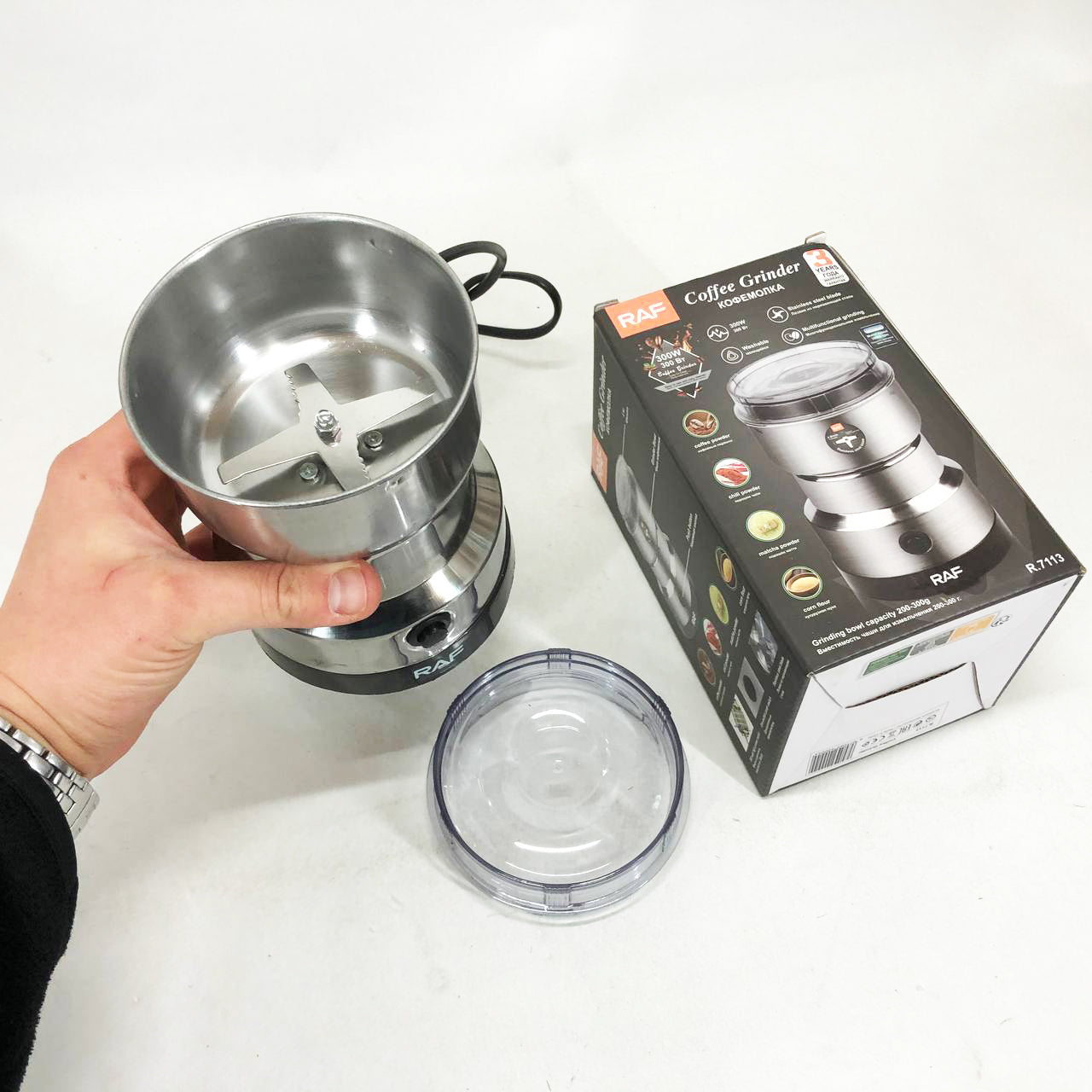 Кофемолка RAF R-7113 мощная роторная, измельчитель электрический, из нержавеющей стали 150 Вт
