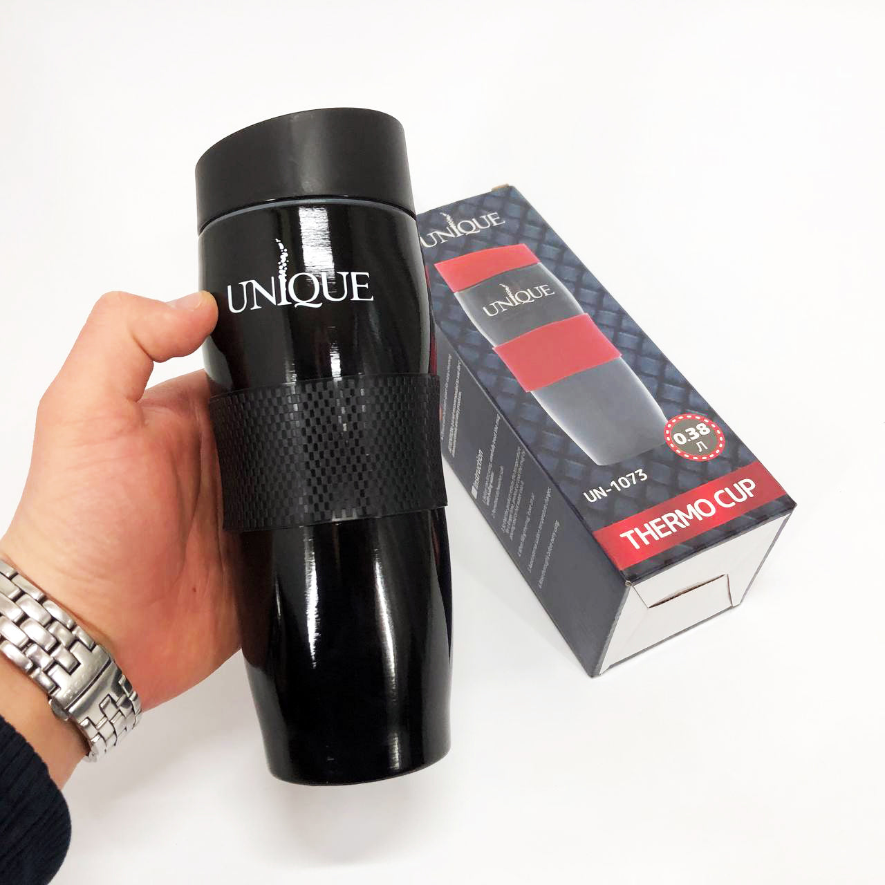 Термокружка UNIQUE UN-1073 0.38 л, Термос для питьевой воды туристический. Цвет: черный