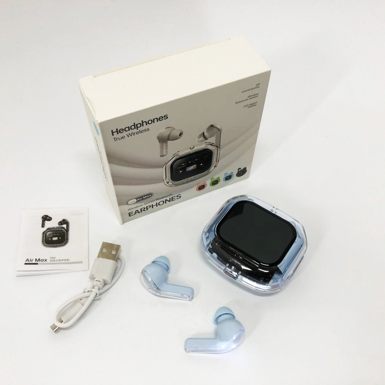 Беспроводные вакуумные наушники TWS с LED дисплеем, влагозащита IPx4 Bluetooth 5.4 с кейсом. Цвет: голубой