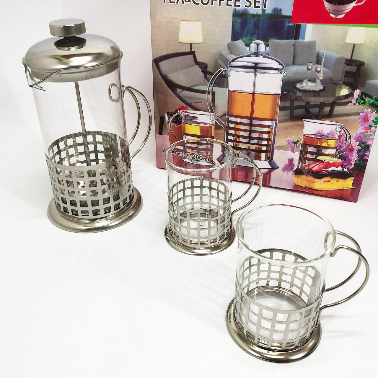 Пресс заварник из жаропрочного боросиликатного стекла UNIQUE UN-1155 0.6 л + 2 чашки Френч-пресс для кофе